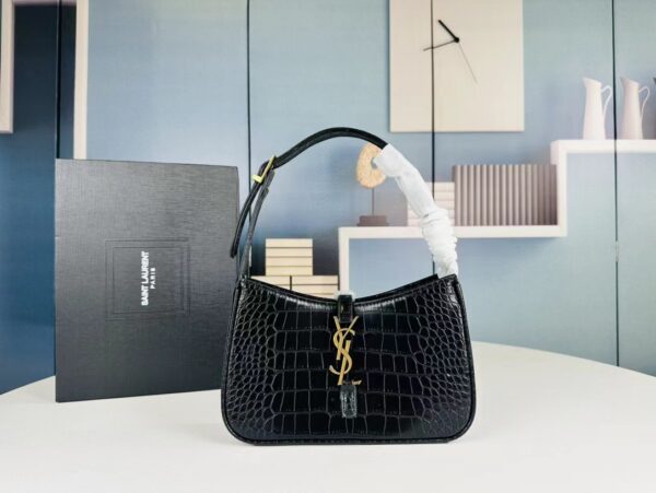 YSL Shoulder Bag Croc Black Gold
